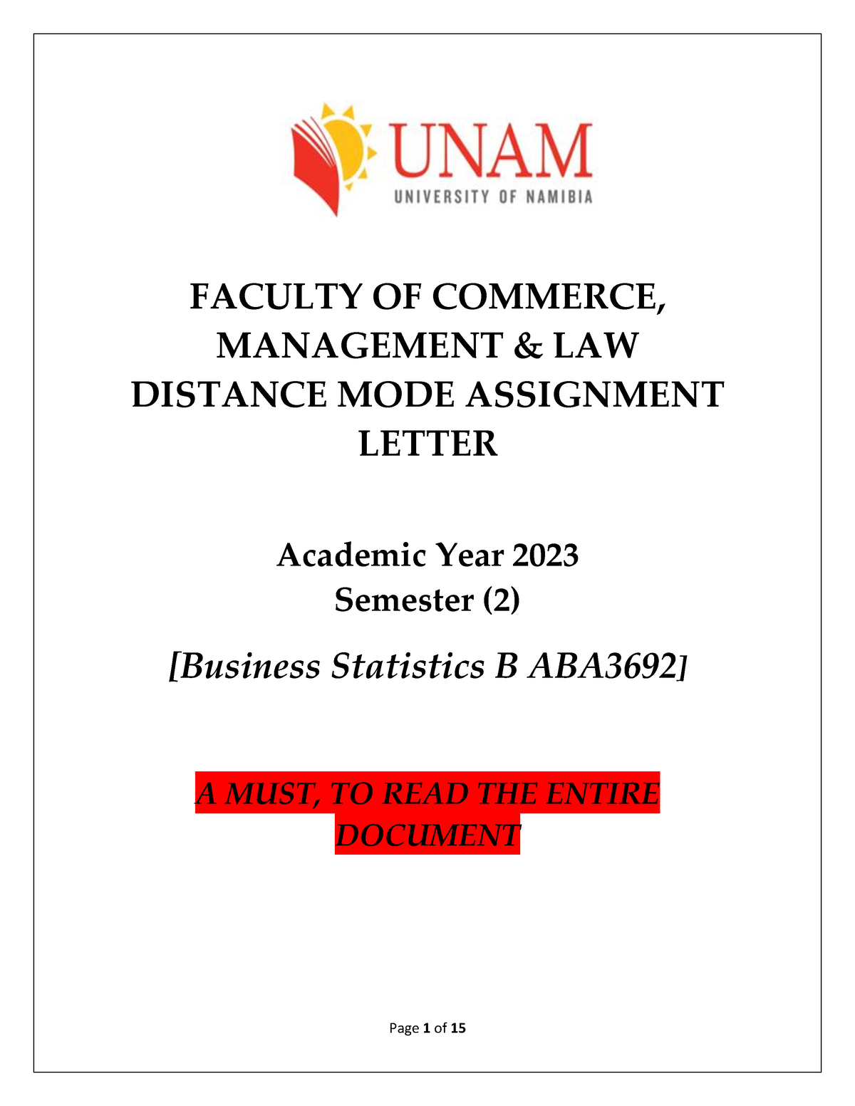 Assignments 1 And 2 - ABA 3692 Business Statistics B - Page 1 Of 15 ...