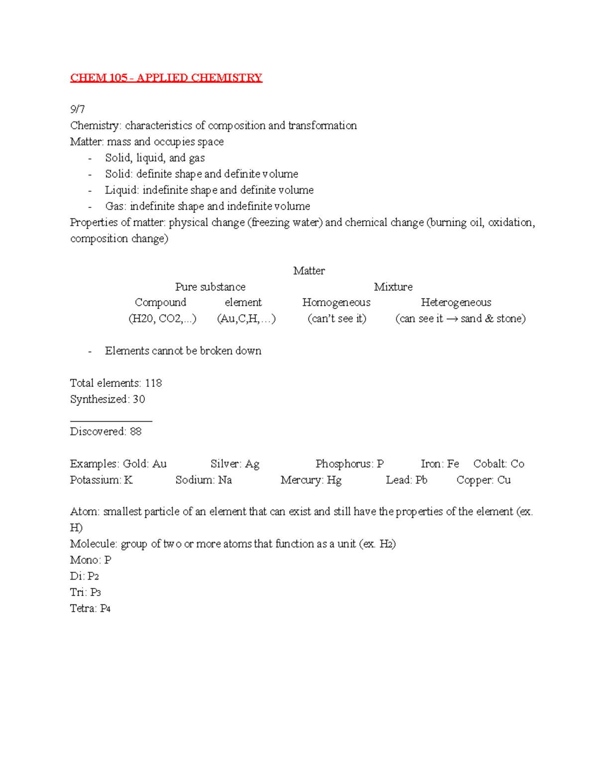 CHEM 105 Applied Chemistry - CHEM 105 - APPLIED CHEMISTRY 9/ Chemistry ...
