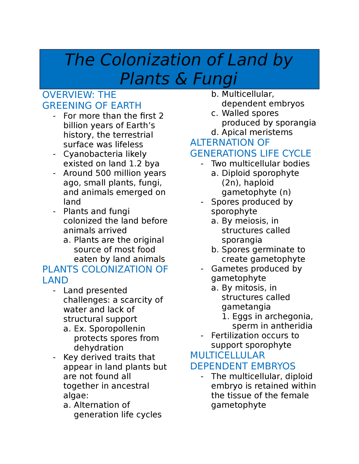 Biology 191A The Colonization of Land By Plants and Fungi Notes - The  Colonization of Land by Plants - Studocu