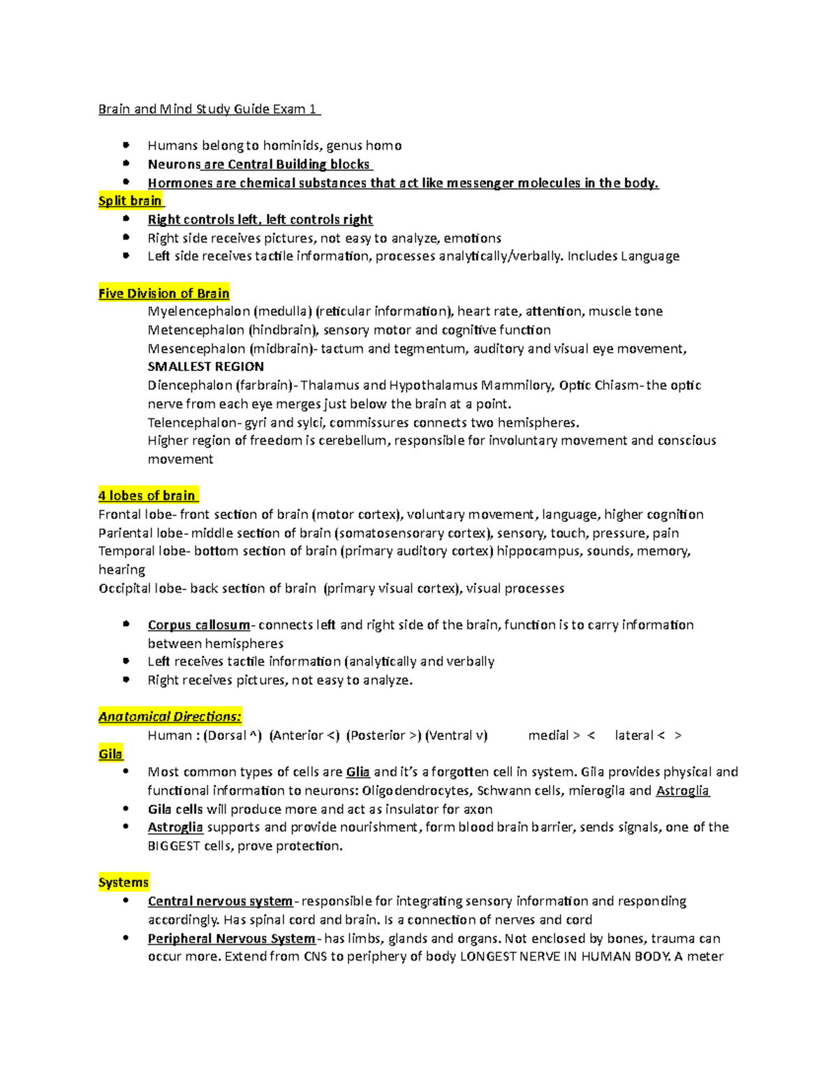 Study Guide for Brain and Mind - Brain and Mind Study Guide Exam 1 ...