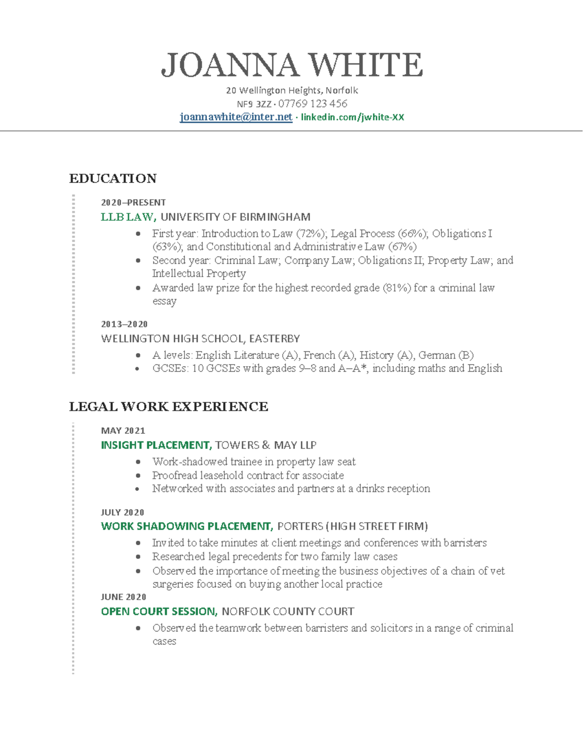 Law vac scheme cv template JOANNA WHITE 20 Wellington Heights