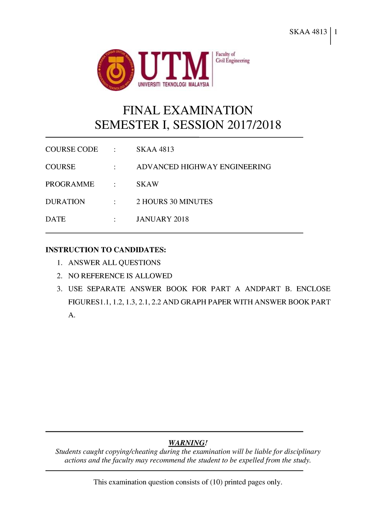 SKAA 4813 2017 20181 - Past Year Question - FINAL EXAMINATION SEMESTER ...