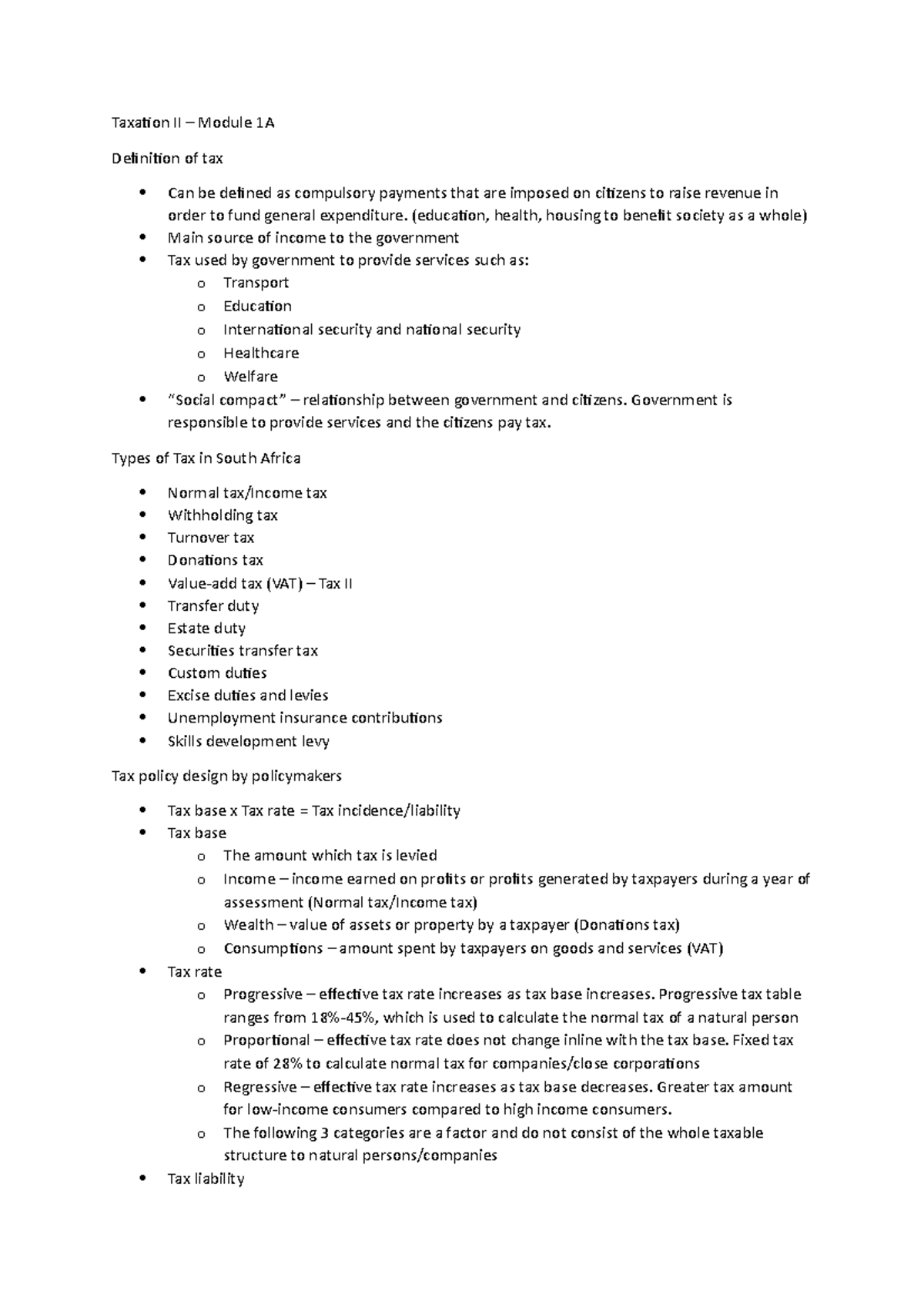 Taxation II Exam notes - Taxation II – Module 1A Definition of tax Can ...