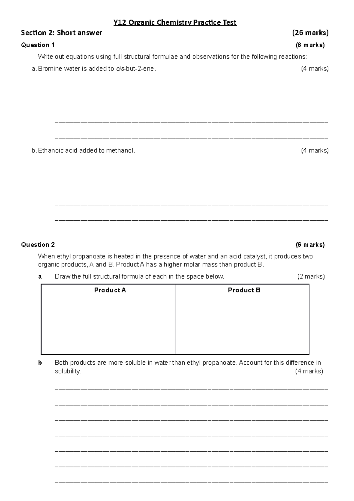 Y12 Organic Chemistry Practice Test - Y12 Organic Chemistry Practice 