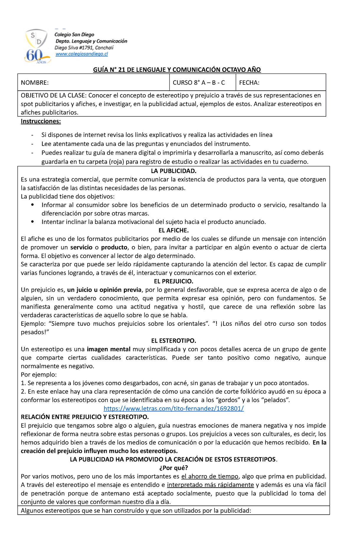 Octavo Básico Guía De Aprendizaje GuÍa N° 21 De Lenguaje Y ComunicaciÓn Octavo AÑo Nombre 1920