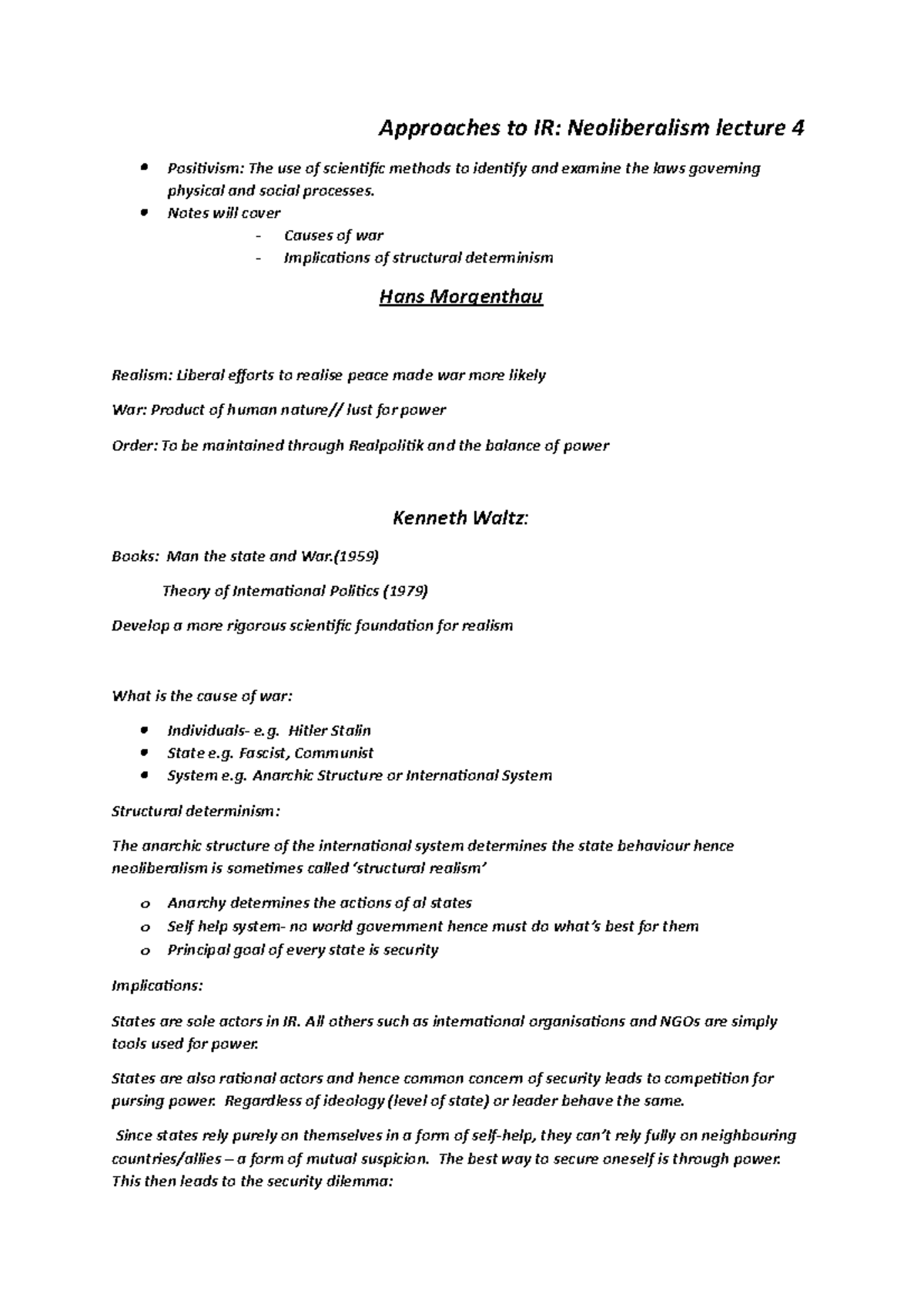 Neorealism - Lecture notes 4 - Approaches to IR: Neoliberalism lecture ...