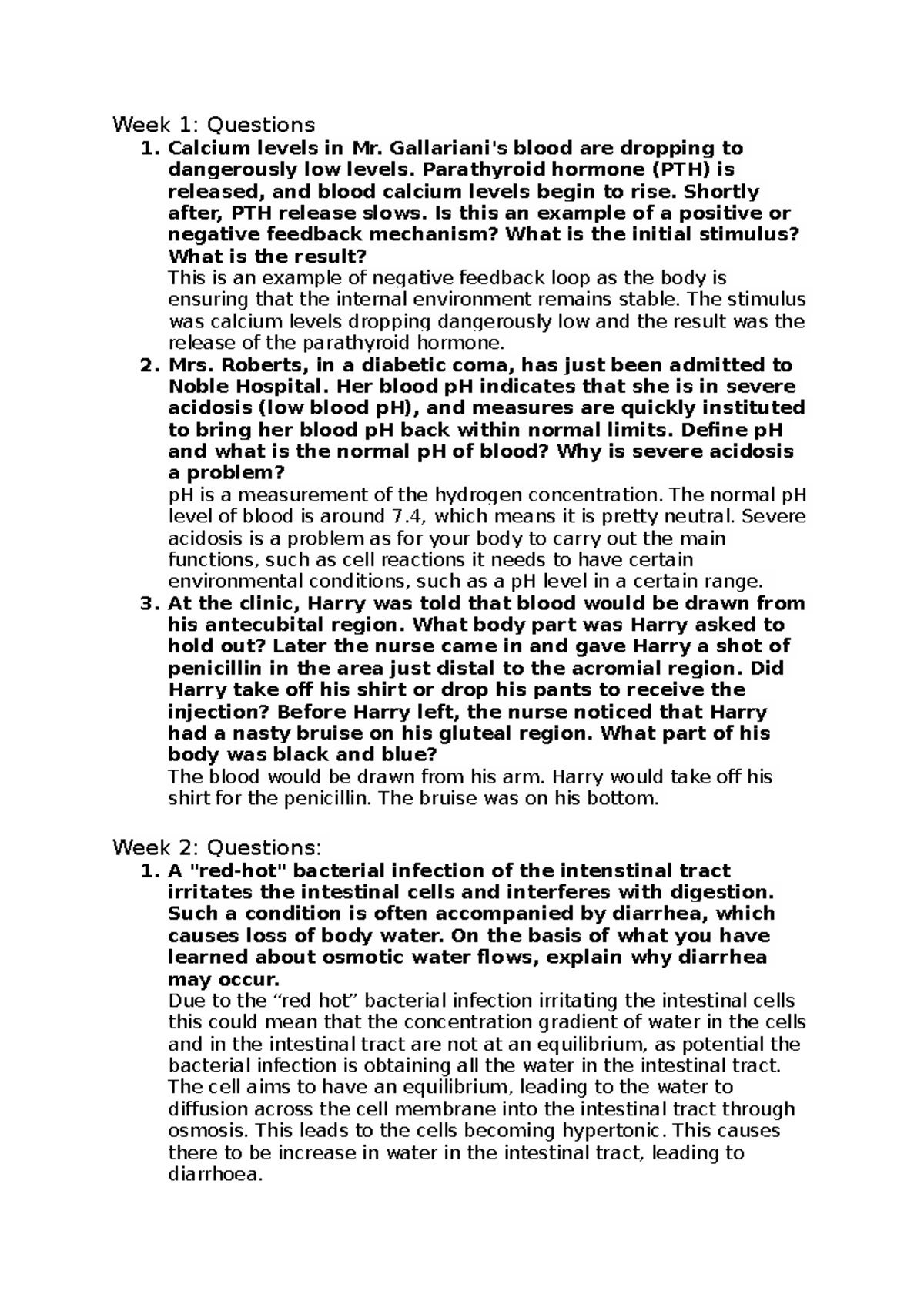 Physiology Exam practice questions Week 1 Questions Calcium levels