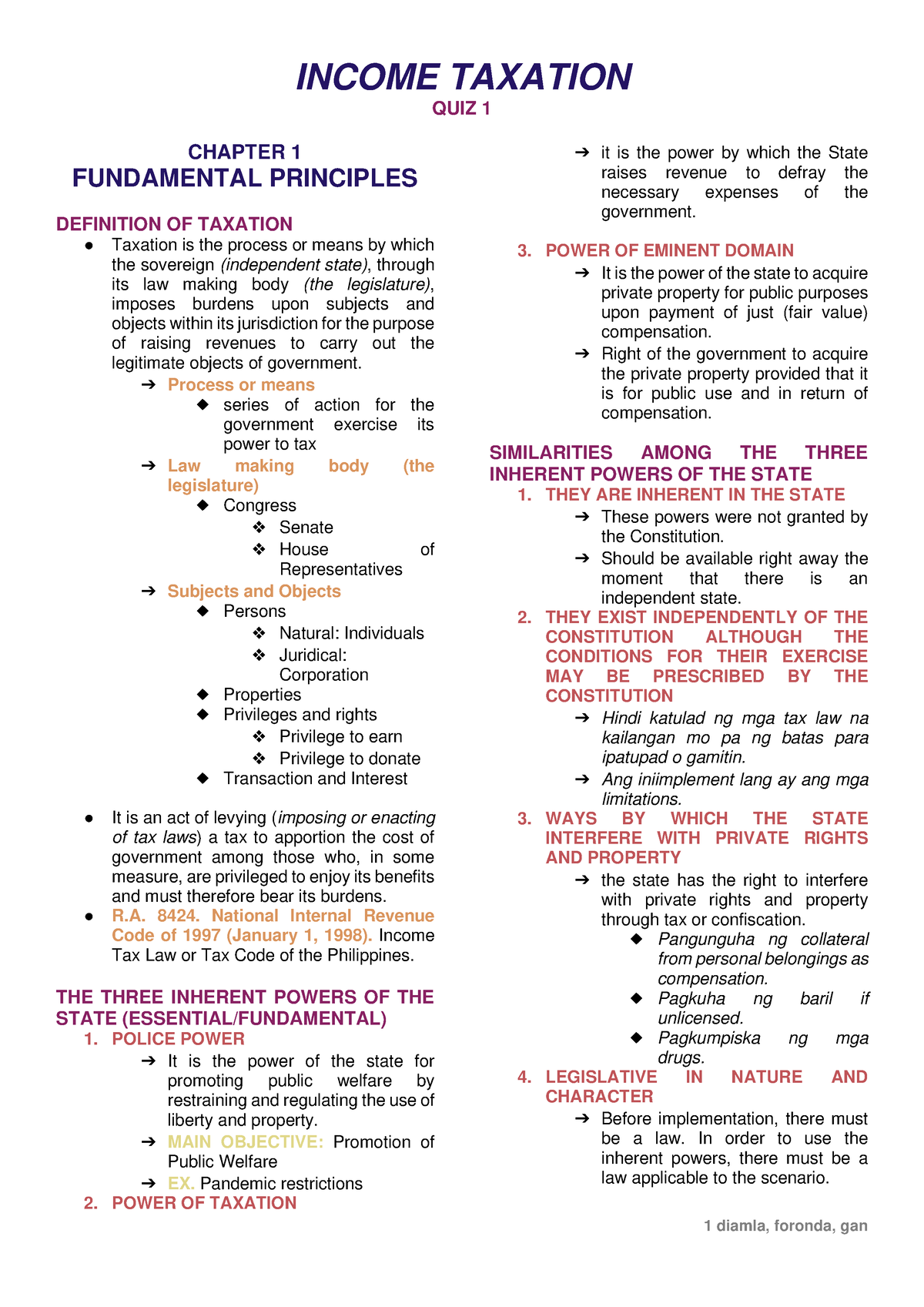 1 Income TAX 1 - INCOME TAXATION QUIZ 1 CHAPTER 1 FUNDAMENTAL ...