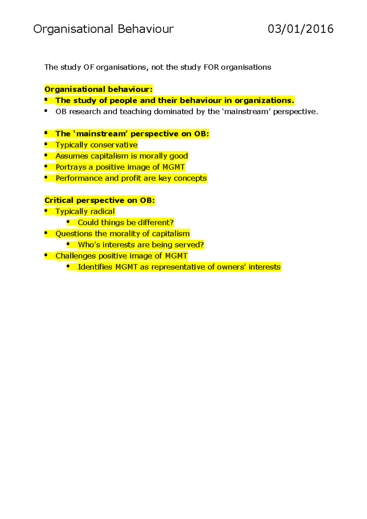 MGMT 202 Lecture Notes - Organisational Behaviour 03/01/ The study OF ...
