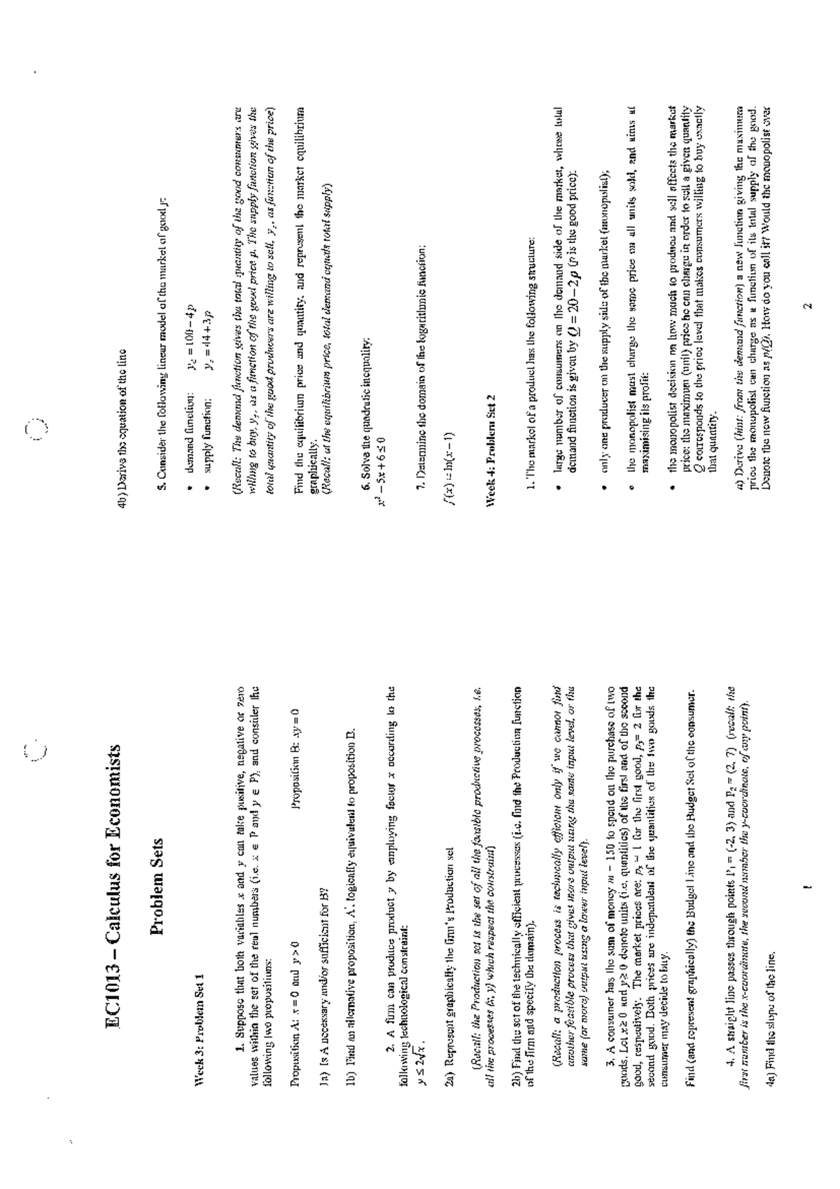 Tutorial Work - 1-8, Calculus for Economists - EC1001 - Studocu