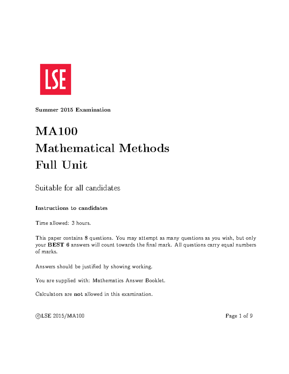 Sample/practice exam 2018, questions - Summer 2015 Examination MA ...