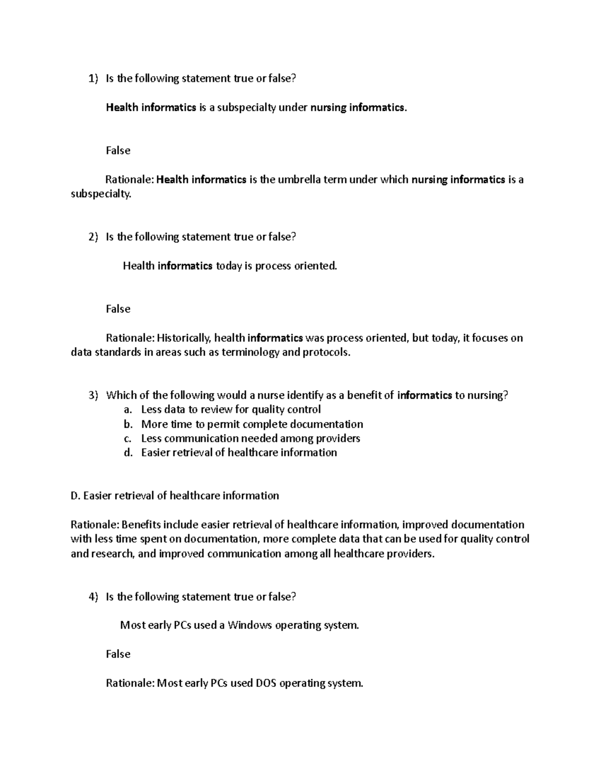 Final Review IT - Health informatics is a subspecialty under nursing ...