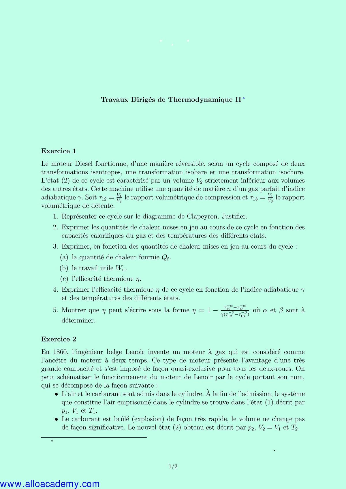 Thermodynamique II TD 03(www - Travaux Dirig ́es De Thermodynamique II ...