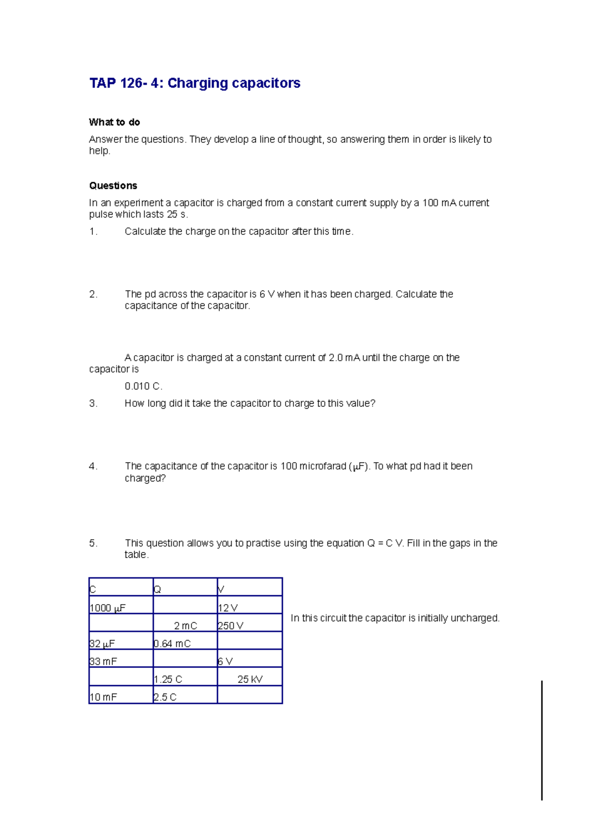 Episode 126 4 charging capacitors questions TAP 126 4 Charging