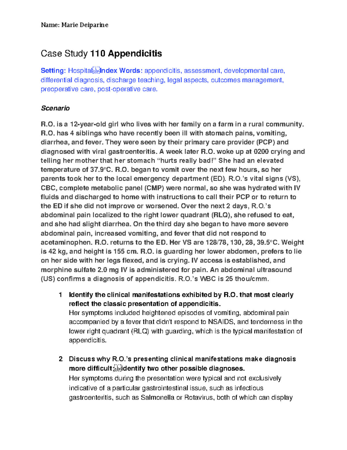 Case Study 110 AppendicitisStudent 12620 Case Study 110