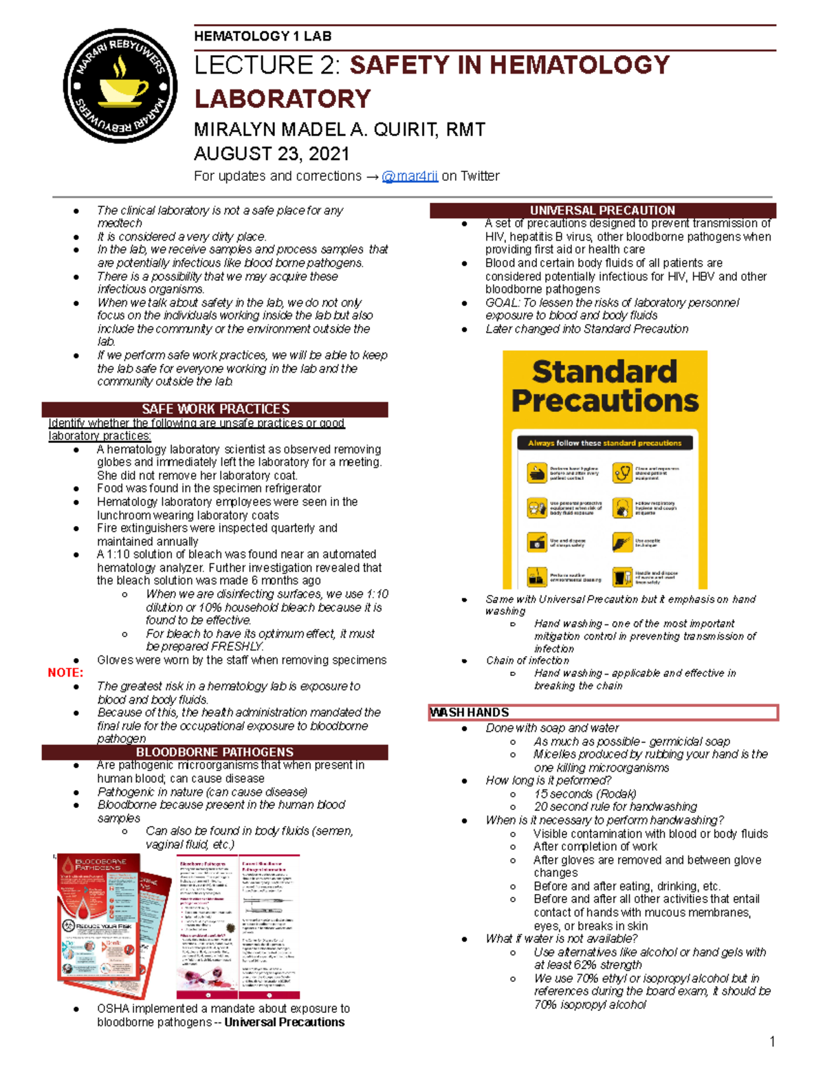 HLAB P2 - Safety in Hematology Laboratory - HEMATOLOGY 1 LAB LECTURE 2 ...