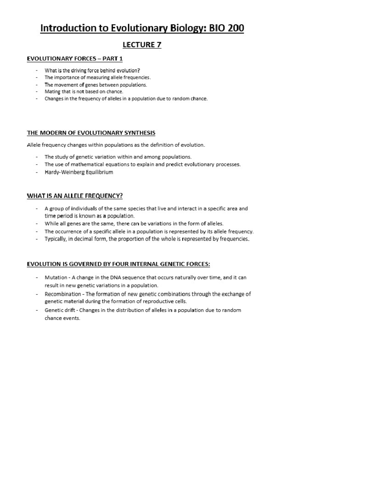 1st Page Of Lecture 7-Introduction To Evolutionary Biology My Own Notes ...