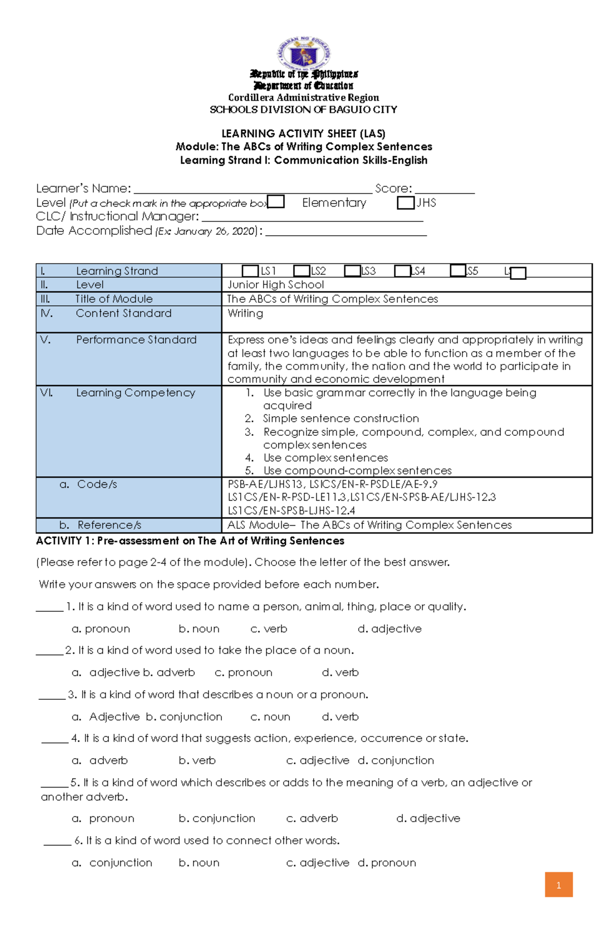 Answer Sheet ABCS of Writing Complex Sentence - Republic of the ...