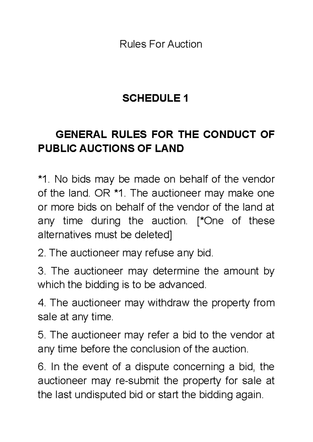 Rules For Auction Rules For Auction SCHEDULE 1 GENERAL RULES FOR THE