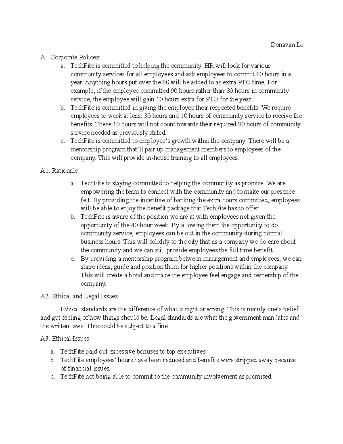 Task 1 - Task 1 for C717 - Donavan Li A. Corporate Polices: a. TechFite ...