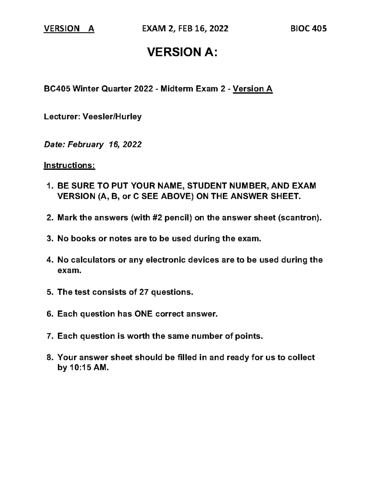 EXAM2 Version A - Practice Exam - VERSION A: BC405 Winter Quarter 2022 ...