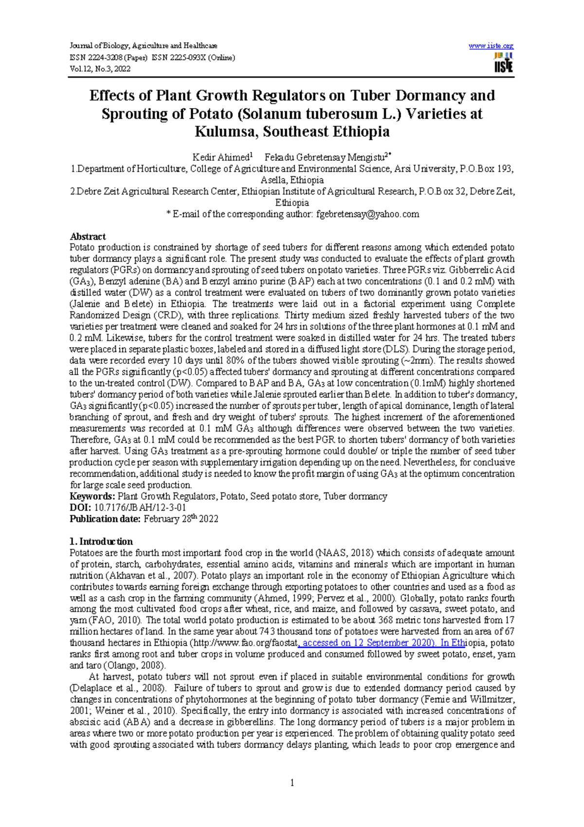 Effects of Plant Growth Regulators on Tuber Dormancy - ) Varieties at ...