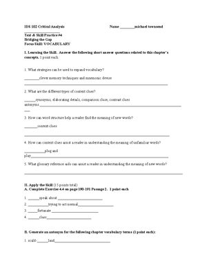 Comprehension Test Answer Sheet - IDS 102 Name _Zaria Townsend Reading ...