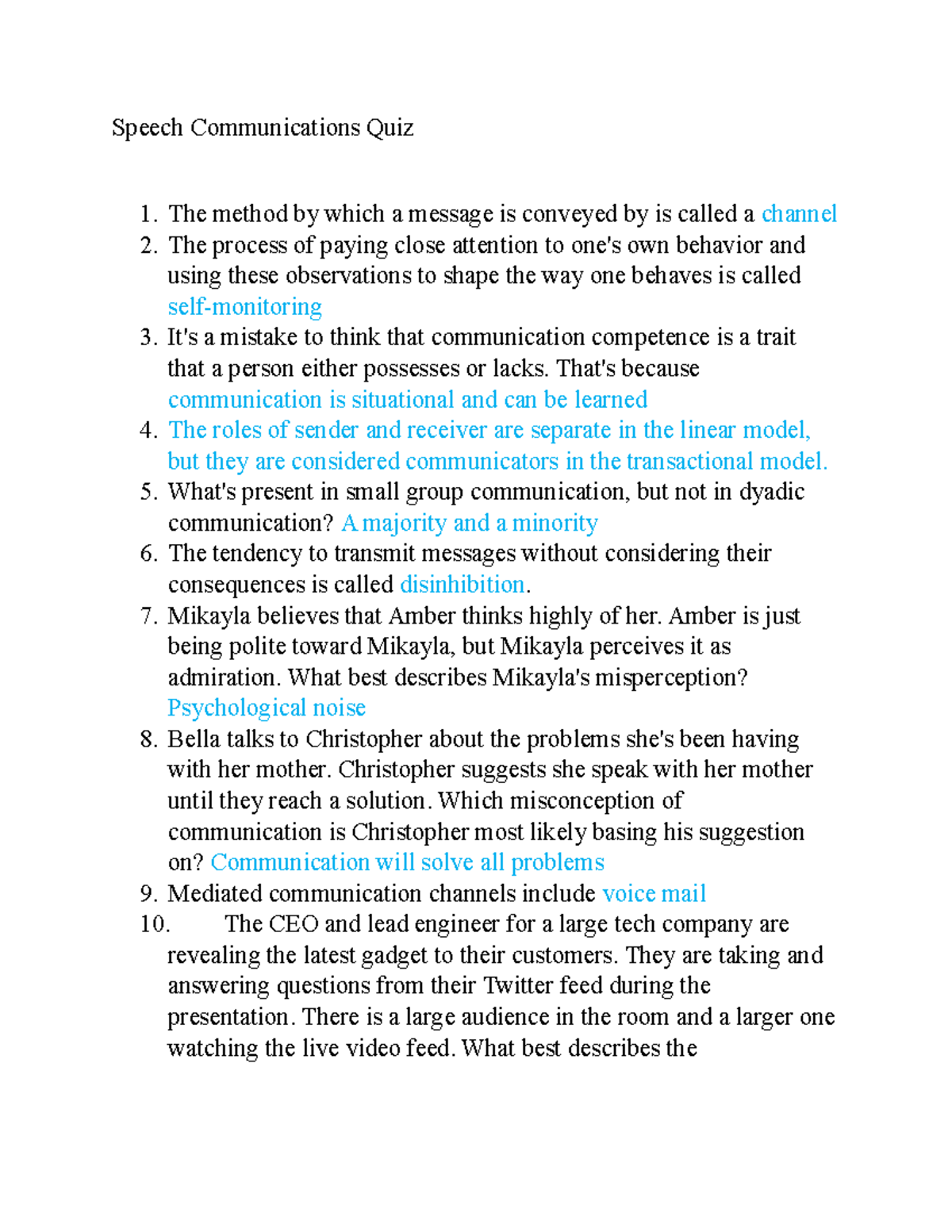 Communication Channels Quiz - Speech Communications Quiz The method by ...