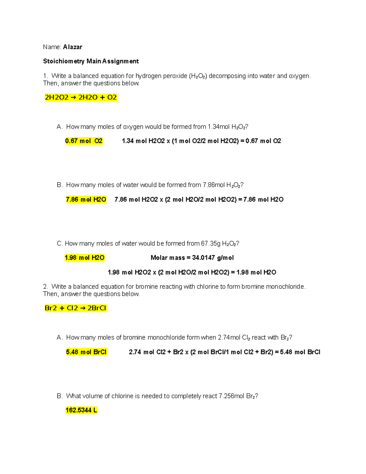 assignment stoichiometry a new hope