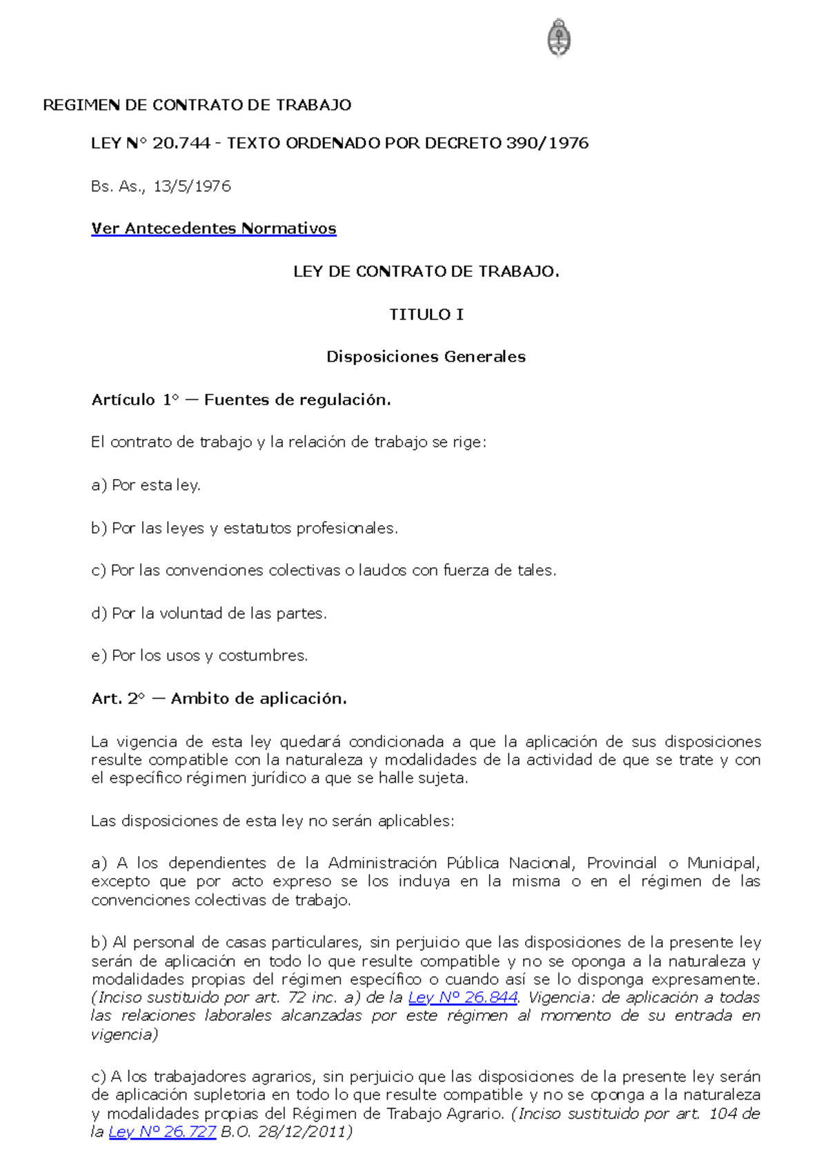 Ley 20744 - Ley De Contrato De Trabajo - REGIMEN DE CONTRATO DE TRABAJO ...