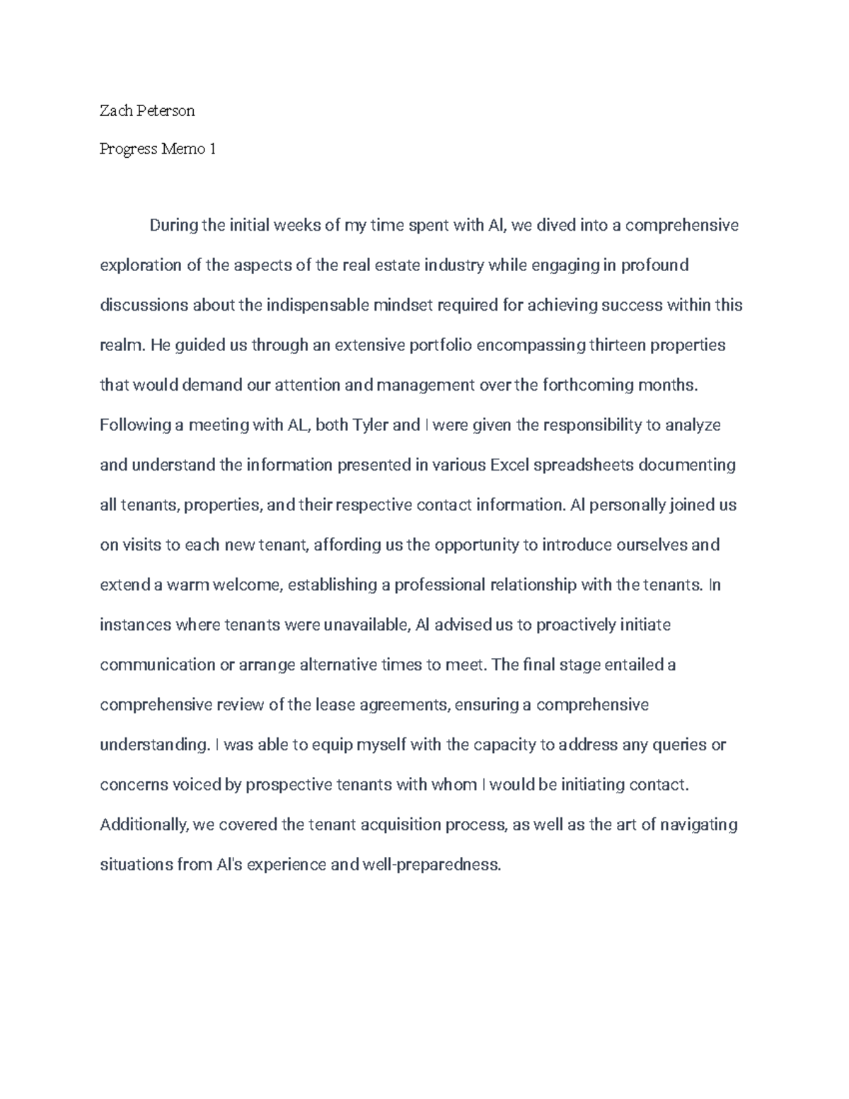 Progress Memo 1 - information for the course - Zach Peterson Progress ...