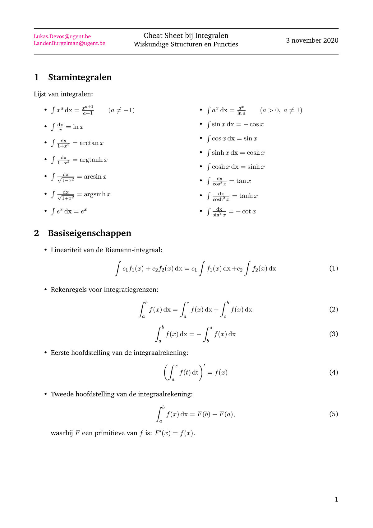 Integralen Oplossen Cheatsheet - Lukas@ugent Lander@ugent Cheat Sheet ...