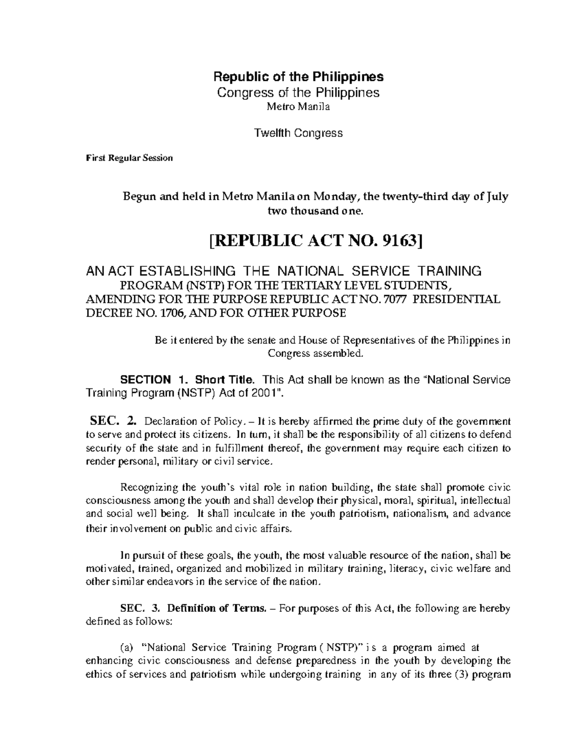 Republic-Act no. 9163 - National Service Training Program Law - The ...