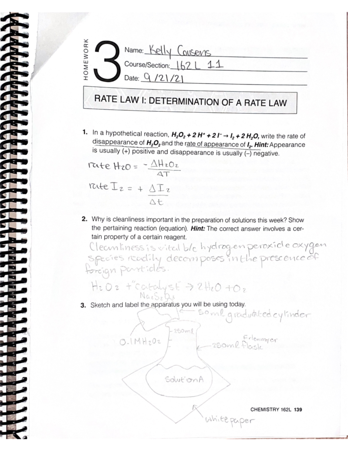 Lab 3 Chem 162 - Chem 162 Lab Manual For Lab 3 - I HOMEWORK RATE LAWI ...