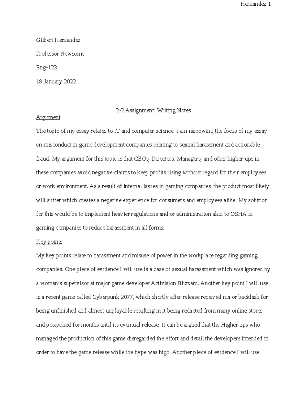 2-2 Assignment Writing notes - Hernandez 1 Gilbert Hernandez Professor ...