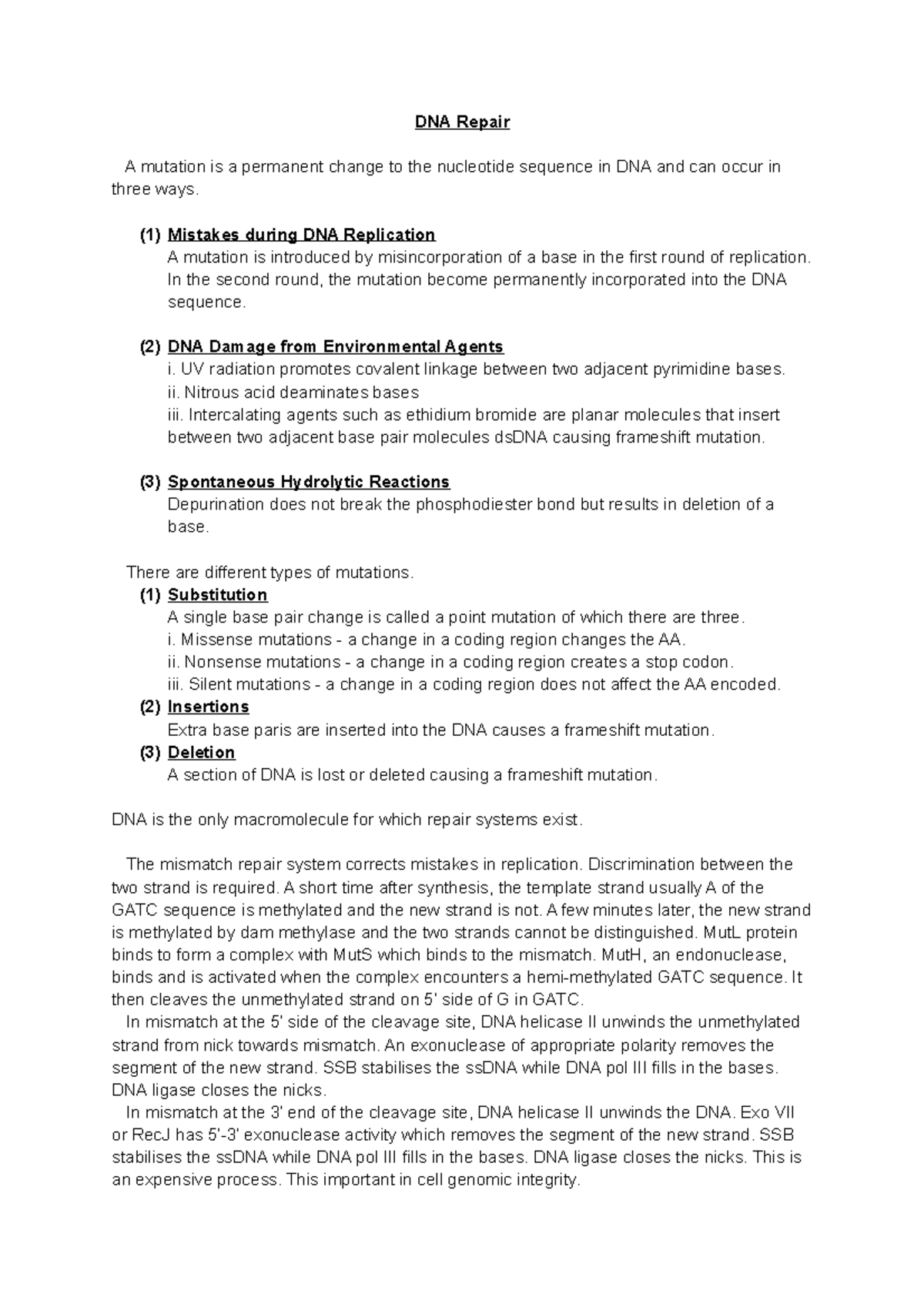 Dna Repair Grade 1 1 Dna Repair A Mutation Is A Permanent Change To The Nucleotide Sequence In Studocu