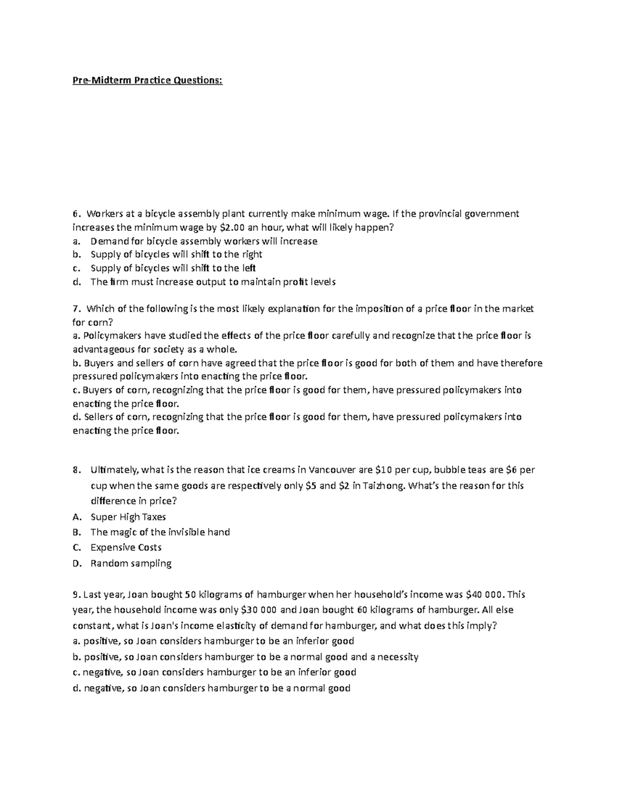 Sample Midterm Microeconomics BCIT (Fall 2019 ) - Pre-Midterm Practice ...