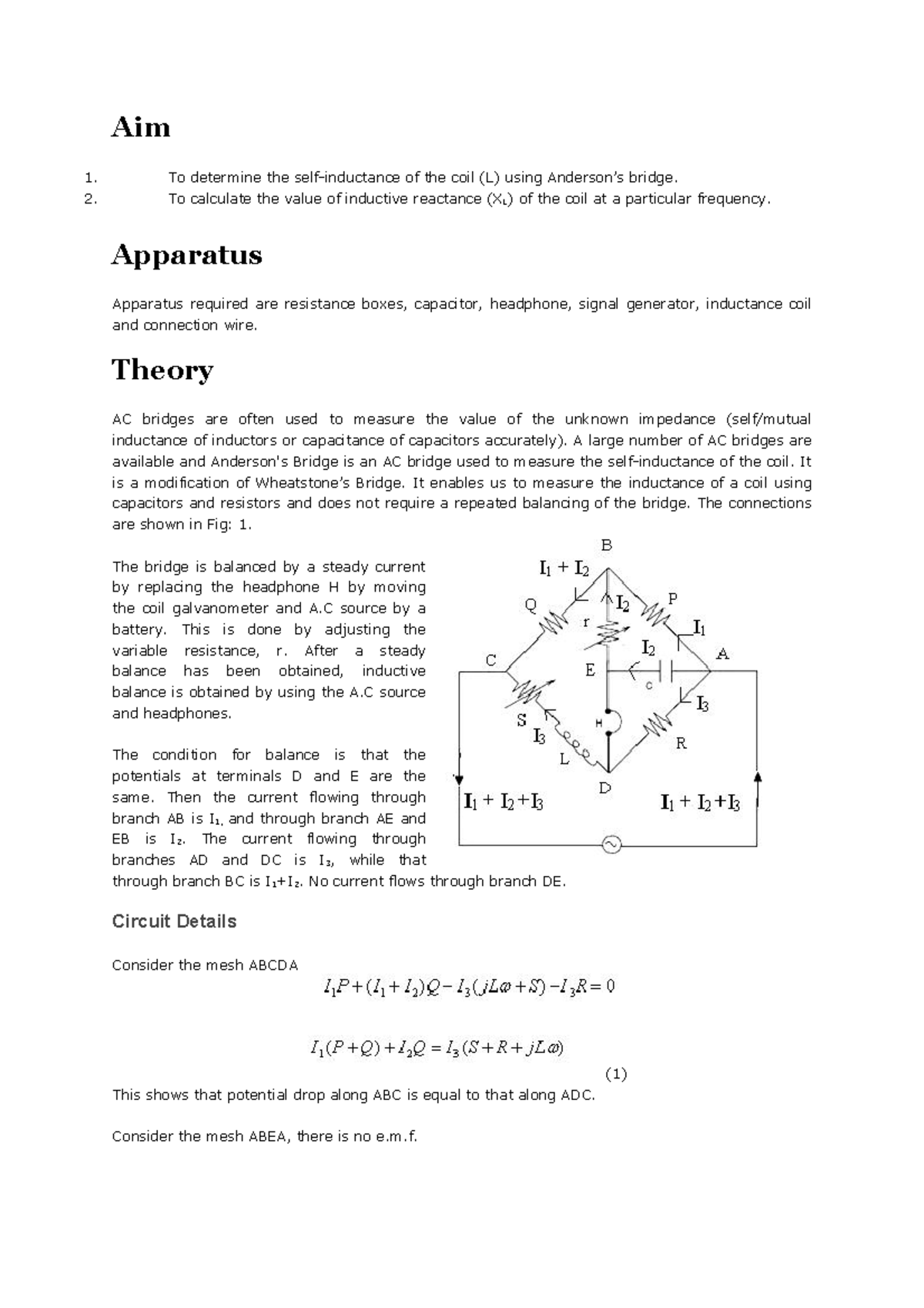 Andersons bridge - To calculate the value of inductive reactance (XL ...