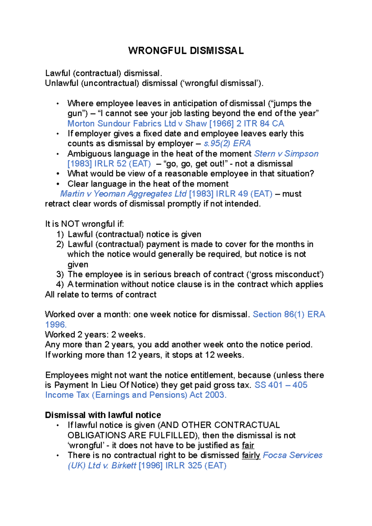 Wrongful Dismissal - WRONGFUL DISMISSAL Lawful (contractual) dismissal ...