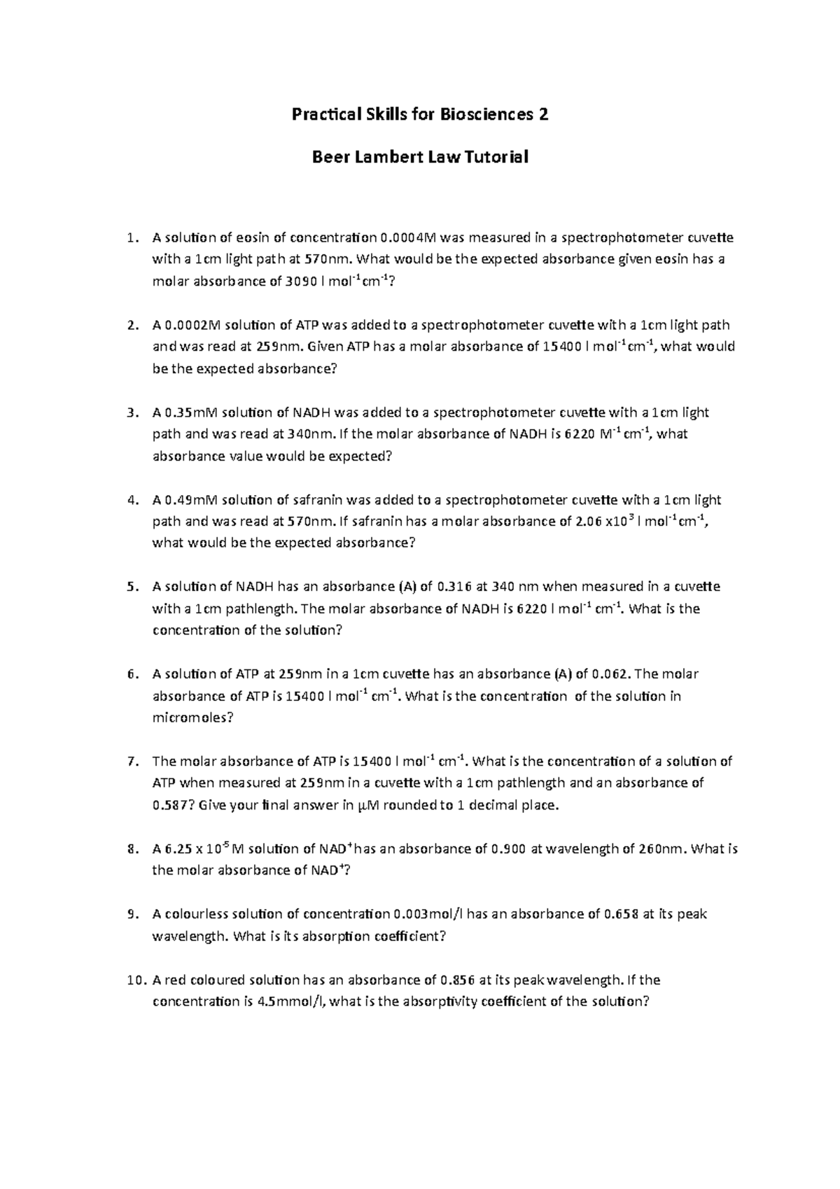 Beer Lambert tutorial questions Practical Skills for Biosciences 2