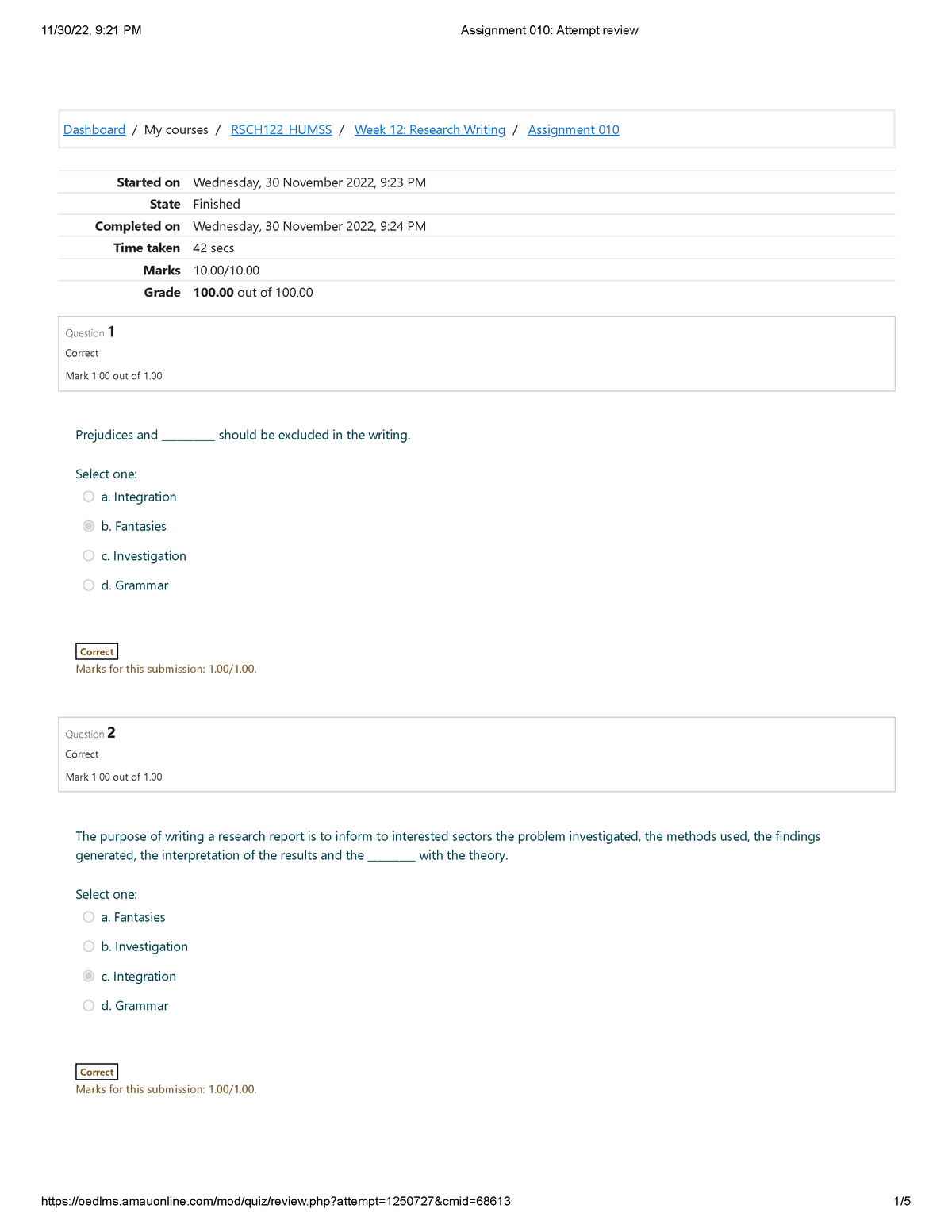 Assignment 010 Attempt review - Dashboard / My courses / RSCH122_HUMSS ...