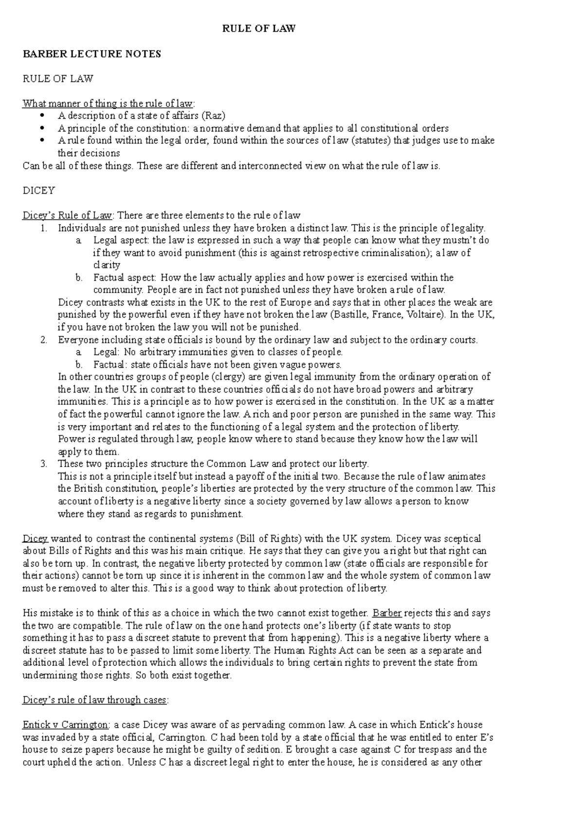 RULE OF LAW Lecture notes All RULE OF LAW BARBER LECTURE NOTES RULE