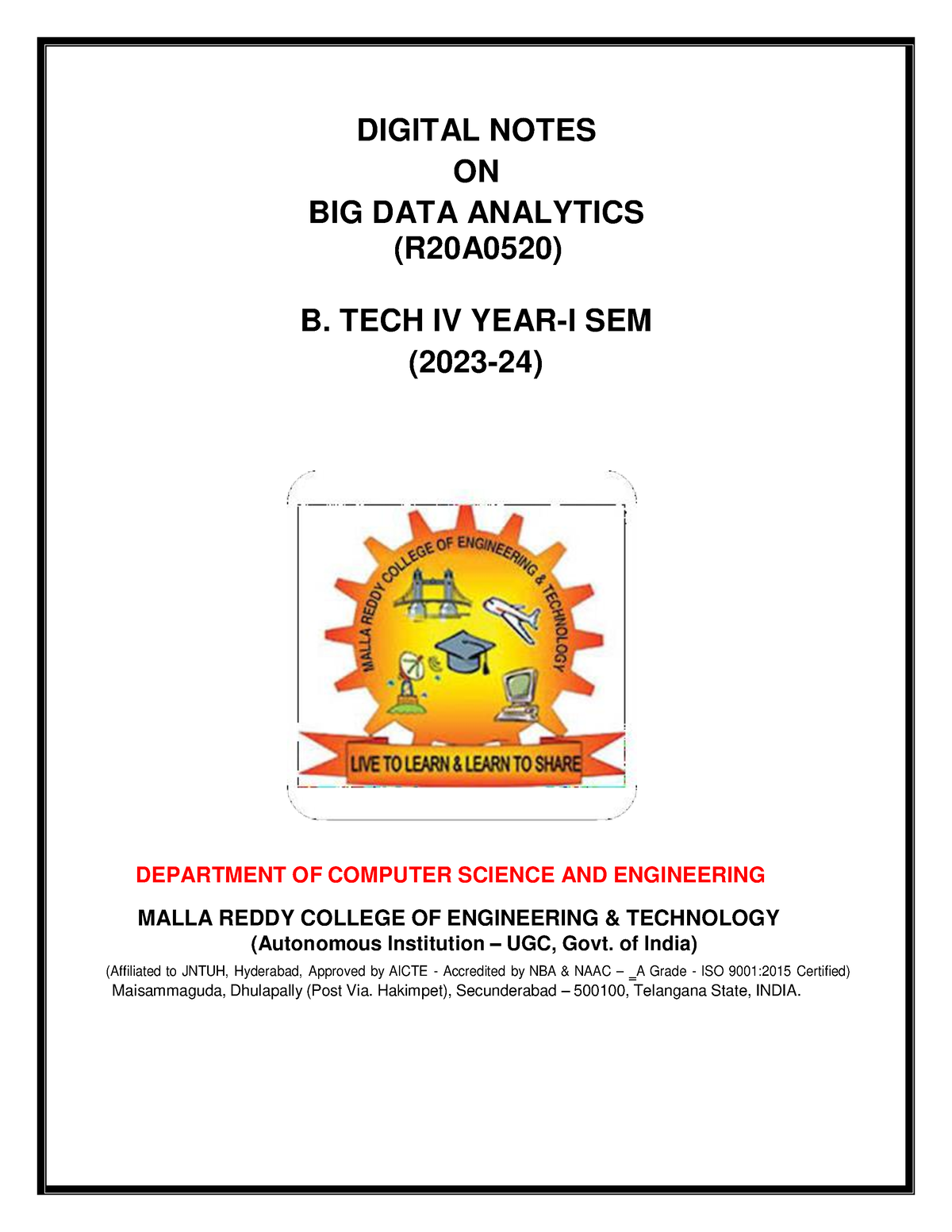 BIG DATA Analytics [R20A0520] - DIGITAL NOTES ON BIG DATA ANALYTICS ...