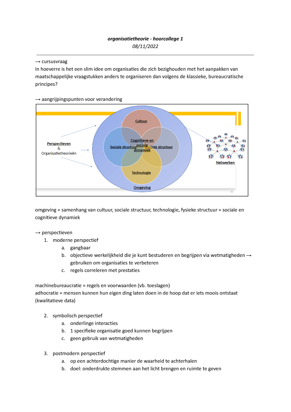 OT Hoorcollege 1 - Organisatietheorie - Hoorcollege 1 08/11/ → ...