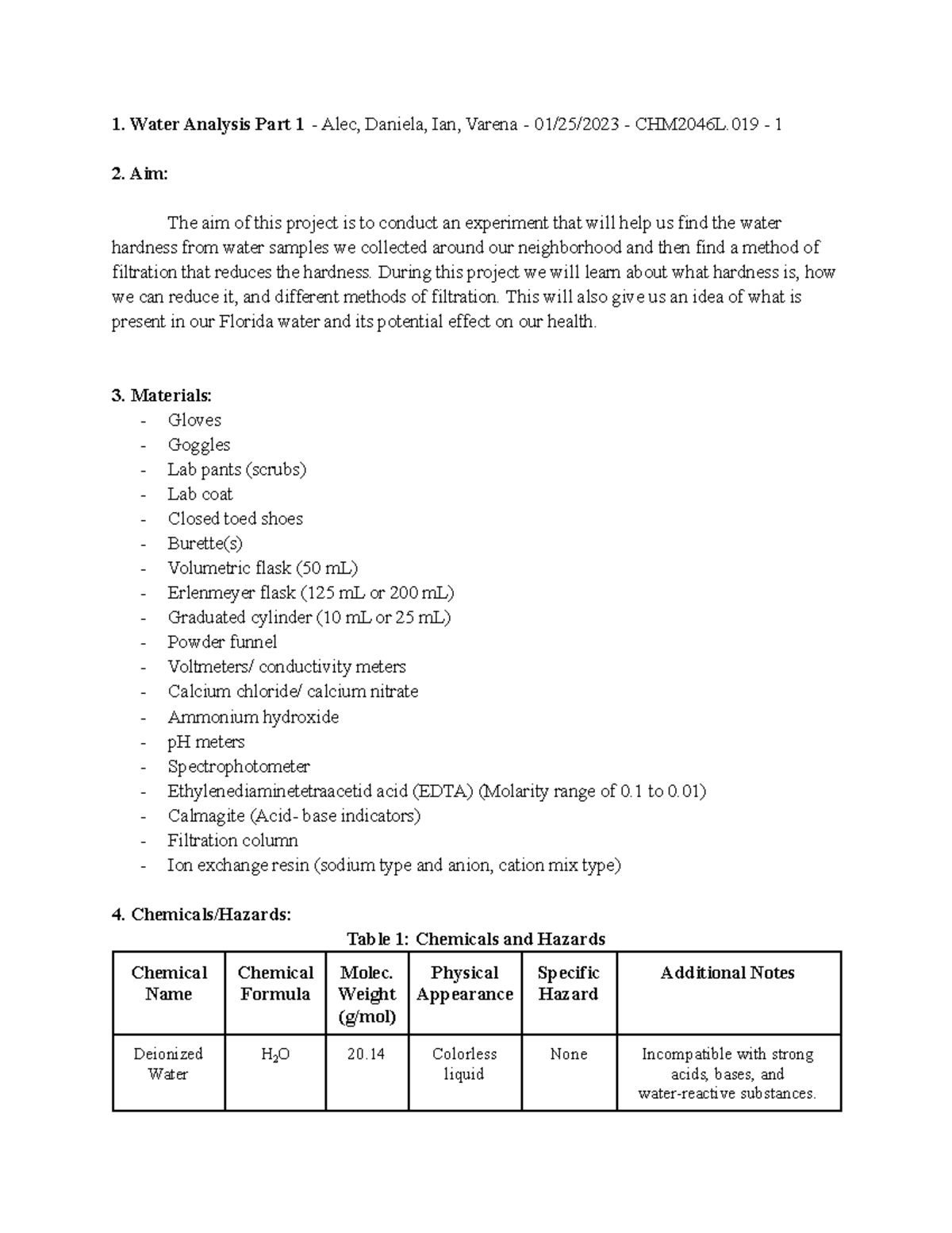 Water Analysis Part 1 - 01 25 2023 - CHM2046L.019 - 1 - 1. Water ...