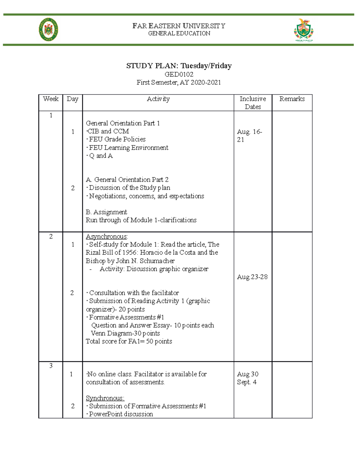 Study PLAN TF - GENERAL EDUCATION STUDY PLAN: Tuesday/Friday GED First ...