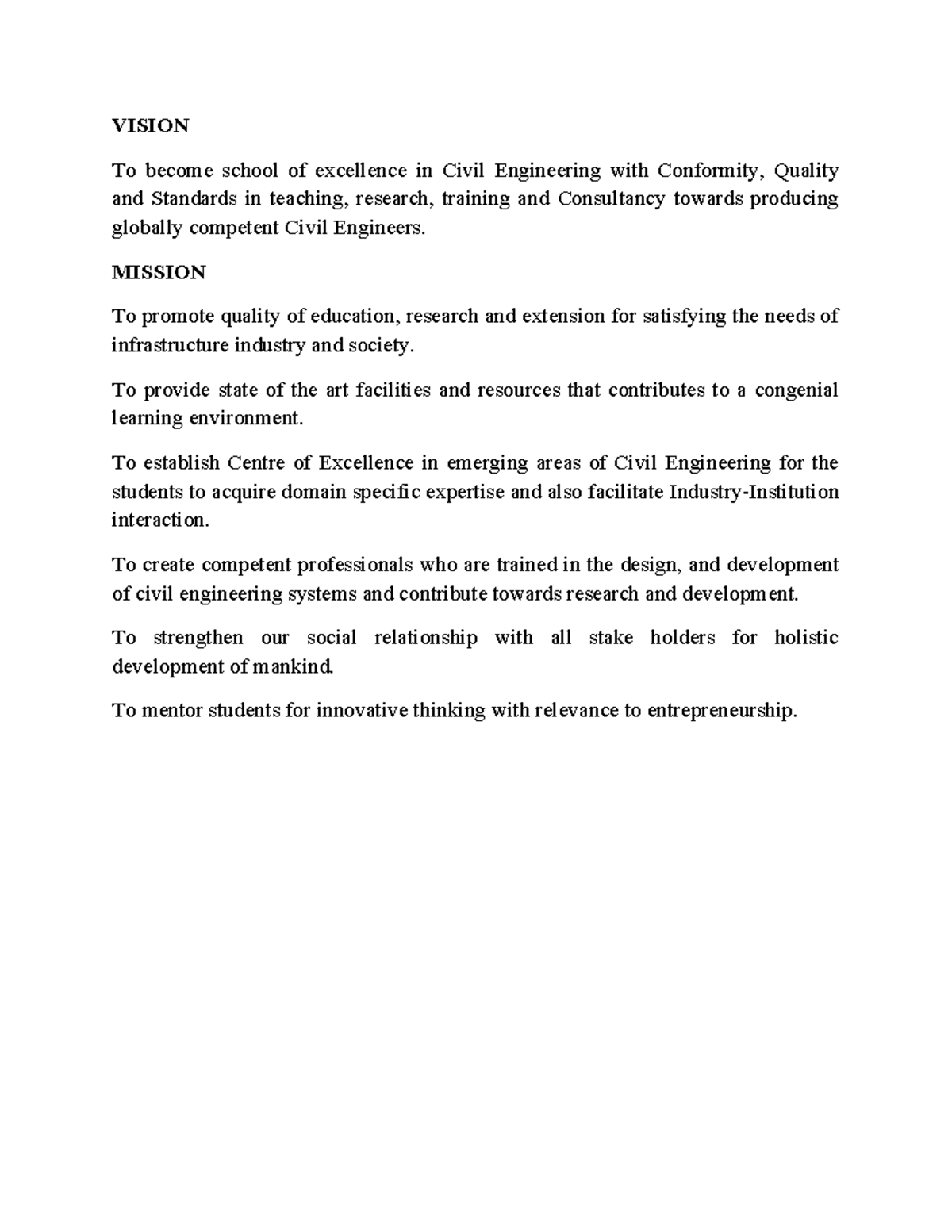 Vision and mission civil - VISION To become school of excellence in ...