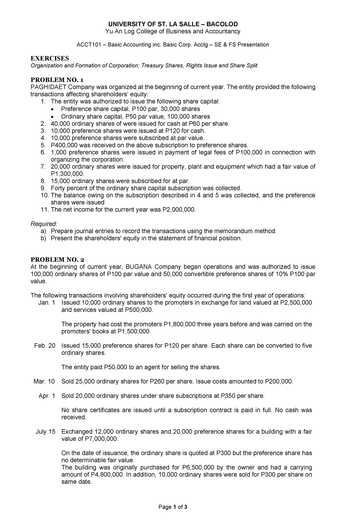 Exercises-No - Lecture notes - Page 1 of 3 UNIVERSITY OF ST. LA SALLE ...