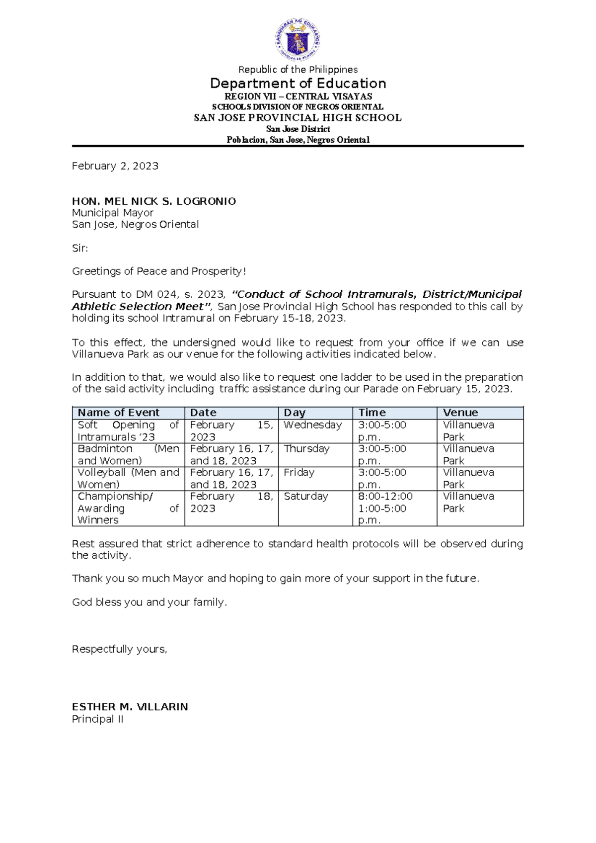 Letter FOR Intrams - Department of Education REGION VII – CENTRAL ...