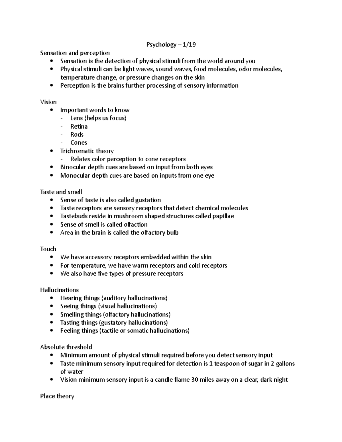 Psych notes, 2nd week - Psychology – 1/ Sensation and perception ...